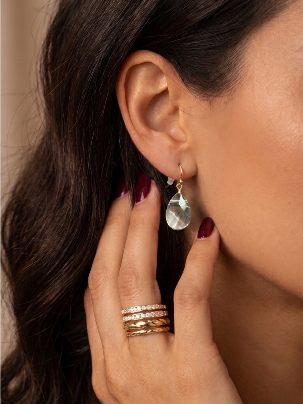 Crystal Drop Earrings /pierced ears. Faux Crystal. Lovely Design. Gold tone wire